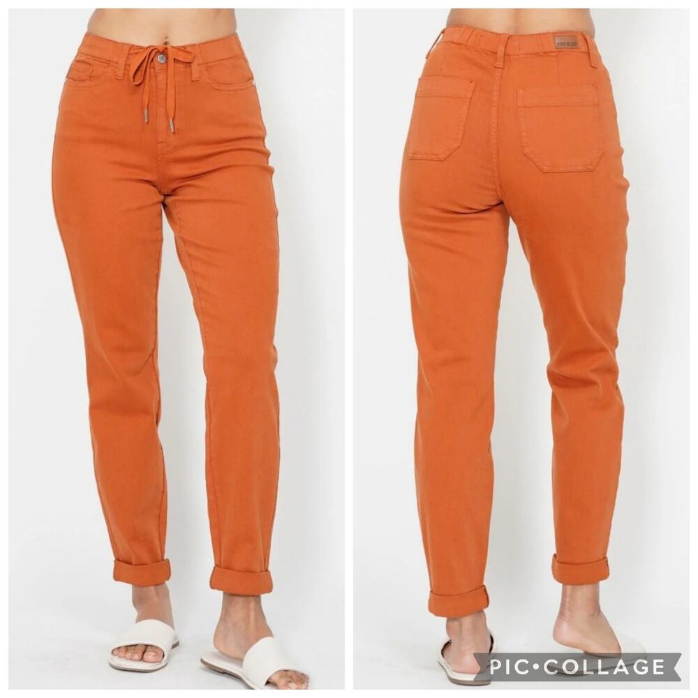 Judy Blue High Waist Garment Dyed Auburn Orange Double Cuff Denim Jeans NWT 7/28